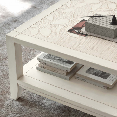 Tavolino da salotto quadrato con decoro foglia dettaglio top