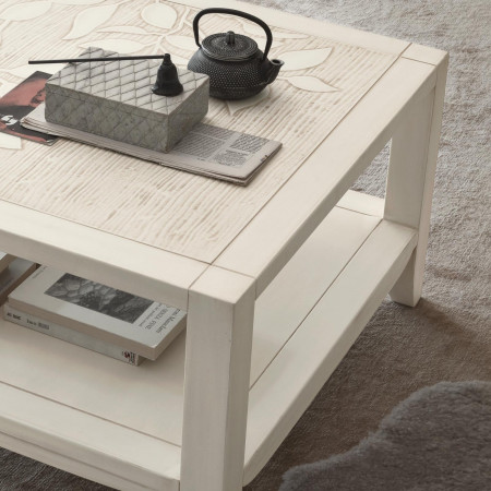 Tavolino da salotto quadrato con decoro foglia, dettaglio piano