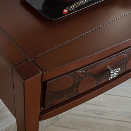 Consolle un cassetto con decoro foglia, dettaglio frontale
