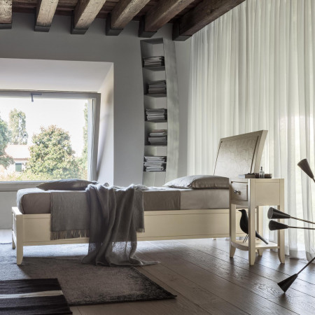 Letto singolo con decoro foglia in legno, camera moderna