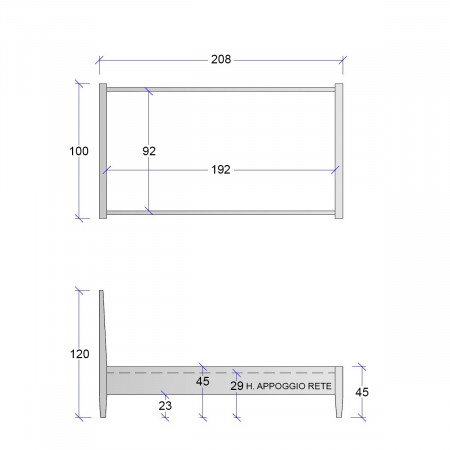 Disegno tecnico letto singolo con testata imbottita