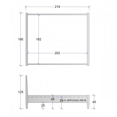 Schema dimensionale del letto king size con testata imbottita