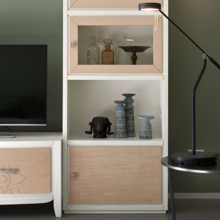 Parete componibile con porta TV, decoro foglia, dettaglio libreria