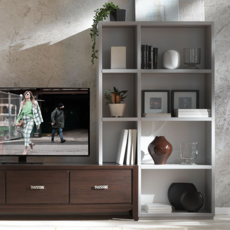 Parete componibile con porta TV e libreria, dettaglio decoro