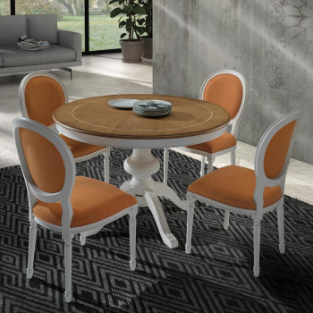 Tavolo rotondo intarsiato allungabile con sedie