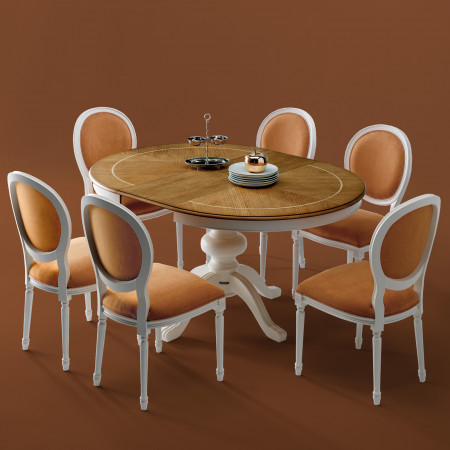 Tavolo rotondo intarsiato allungabile, dettaglio piano rovere