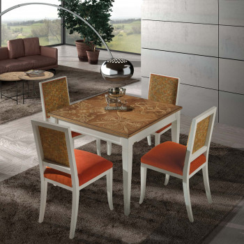 Tavolo con piano intarsiato fisso, vista dettagli intarsio