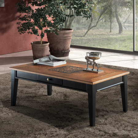 Tavolino intarsiato Iris, dettaglio piano legno ciliegio