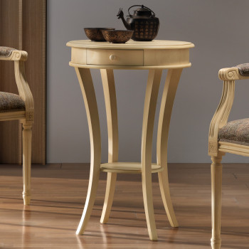 Tavolino rotondo con 1 cassetto, dettaglio gamba a sciabola