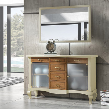Credenzina con ante in vetro satinato e piedini a sciabola