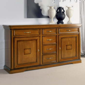 Credenza 2 porte 6 cassetti, intarsio floreale, legno toulipier