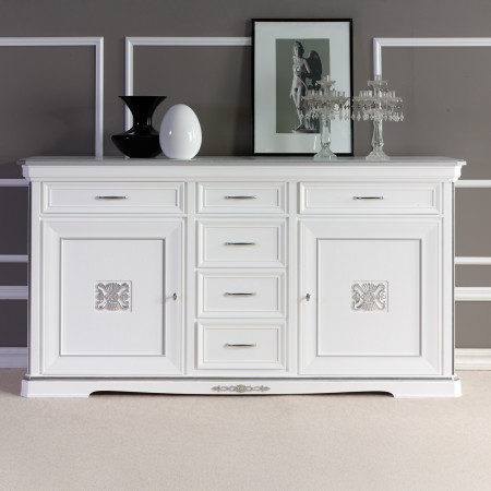 Credenza 2 porte 6 cassetti con intagli floreali bianca