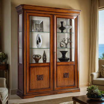 Vetrina 2 ante con intaglio, ripiani in cristallo