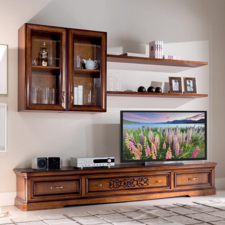 Composizione con porta tv intagliato, dettaglio cassetti