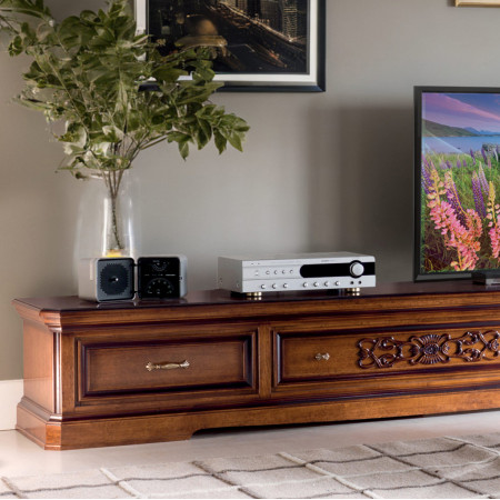 Porta tv classico intagliato da 240 cm, dettaglio cassetti