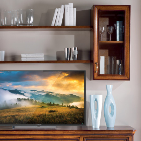 Composizione con base tv e vetro semplice, dettaglio mensole