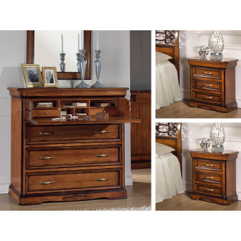 Gruppo comò e 2 comodini con intarsi floreali, dettaglio legno toulipier