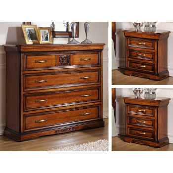 Comò con intaglio floreale e comodini in legno toulipier