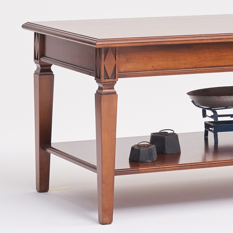 Tavolino Da Salotto Rettangolare Mid-Century - 2 Livelli, Piano Vetro Ambrato E Ripiano MDF Noce, Gambe Oro - 40x22x17 Cm