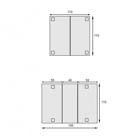 Tavolo quadrato allungabile 110x110 a 150x110, schema misure