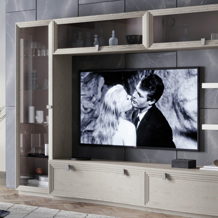 Parete attrezzata Giglio, dettaglio vetrinetta e base TV