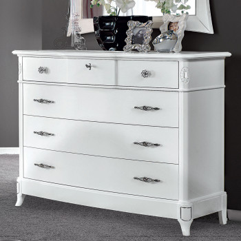 Comò 3 cassetti con ribalta, dettaglio intagli argento