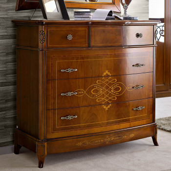 Comò intarsiato quattro cassetti, dettaglio frontale