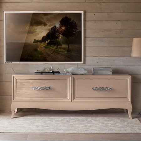 Base porta tv in legno con due cestoni, dettaglio frontale