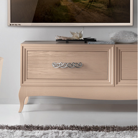 Base porta TV in legno con due cestoni, dettaglio cassetto