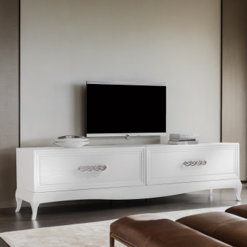 Porta TV con piedi in legno, dettagli venature