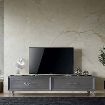 Porta TV in legno con piedini in metallo, dettaglio cassetti