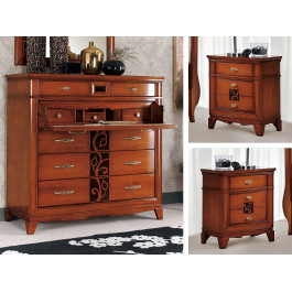 Comodino 2 cassetti con intaglio accanto a letto