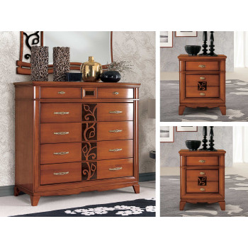 Gruppo comò e comodini con rilievi floreali decorativi