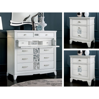 Gruppo comò e 2 comodini con dettagli floreali argento