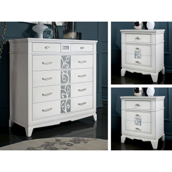 Gruppo comò e 2 comodini in legno noce con dettagli floreali