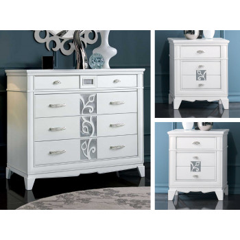 Gruppo comò e 2 comodini, dettagli in foglia argento