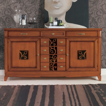 Credenza 2 ante 7 cassetti, dettagli floreali intagliati