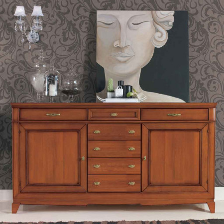 Credenza 2 ante battenti 7 cassetti, legno noce, dettaglio formelle floreali
