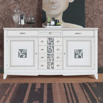 Credenza 2 ante battenti 7 cassetti con dettagli floreali argento