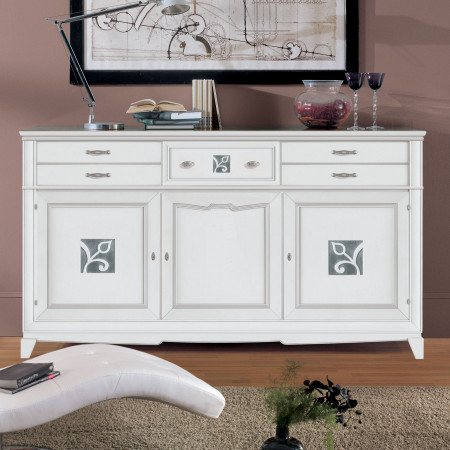 Credenza 3 ante battenti 5 cassetti con dettagli argentati