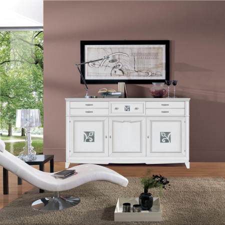 Credenza 3 ante battenti 5 cassetti legno con decorazioni