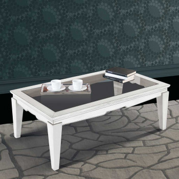 Tavolino rettangolare sagomato con piano in vetro, decorazione sobria