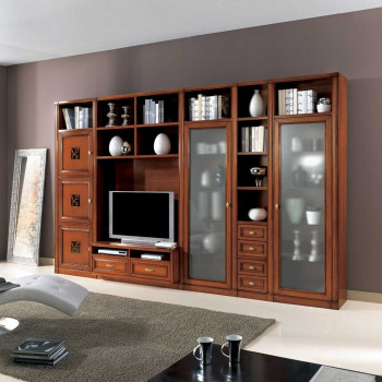 Sistema componibile a spalla con 2 vetrine in legno noce