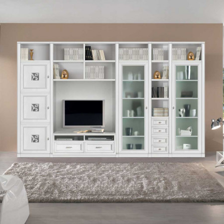 Sistema componibile a spalla con vetrine, dettagli in legno bianco