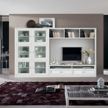 Sistema componibile a spalla con vetrine e ripiani in legno