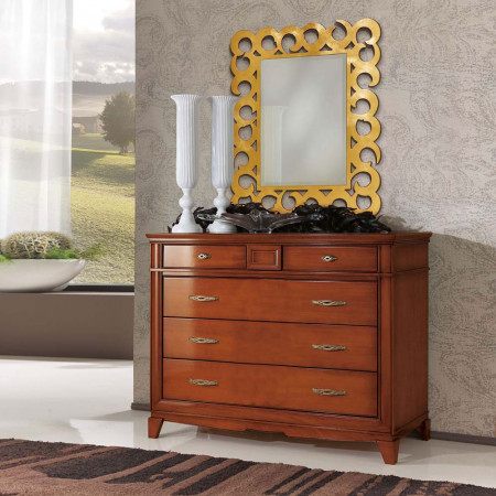 Comò basso 5 cassetti con intagli e specchio decorativo