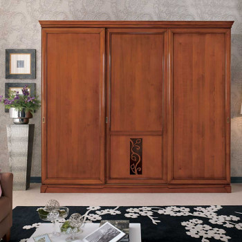 Armadio 3 ante scorrevoli, pannello legno e decoro floreale