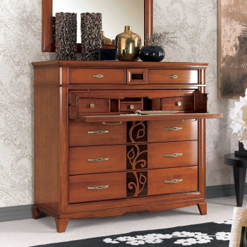 Comò 6 cassetti con ribalta aperta e decoro floreale