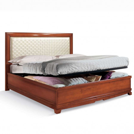Letto imbottito con contenitore in legno con vano aperto