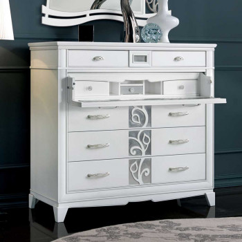 Comò alto 5 cassetti con ribalta, dettaglio frontale floreale